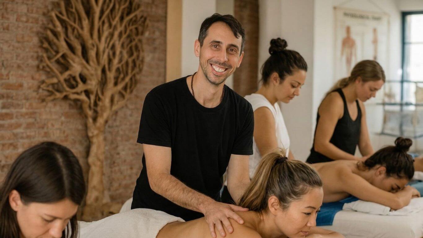 Formateur de massage expliquant une technique à un petit groupe d'élèves autour d'une table, dans une salle lumineuse